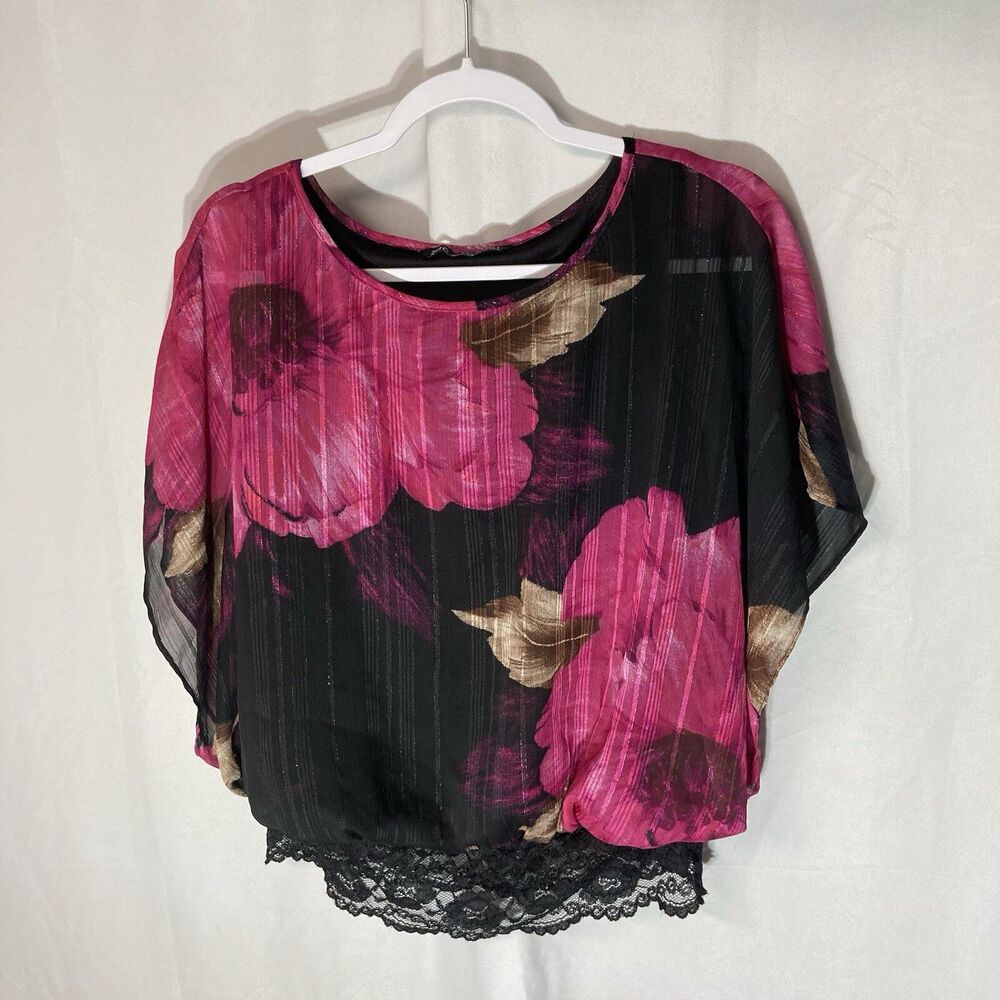 ZAC RACHEL black pink floral striped lace dolman sleeve top S